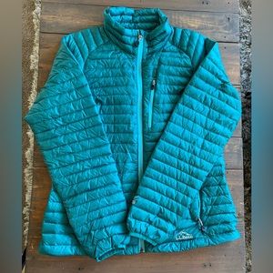 LL Bean 850 Down Jacket Women's Sz Small Petite Teal Downtek Ultralight Pertex